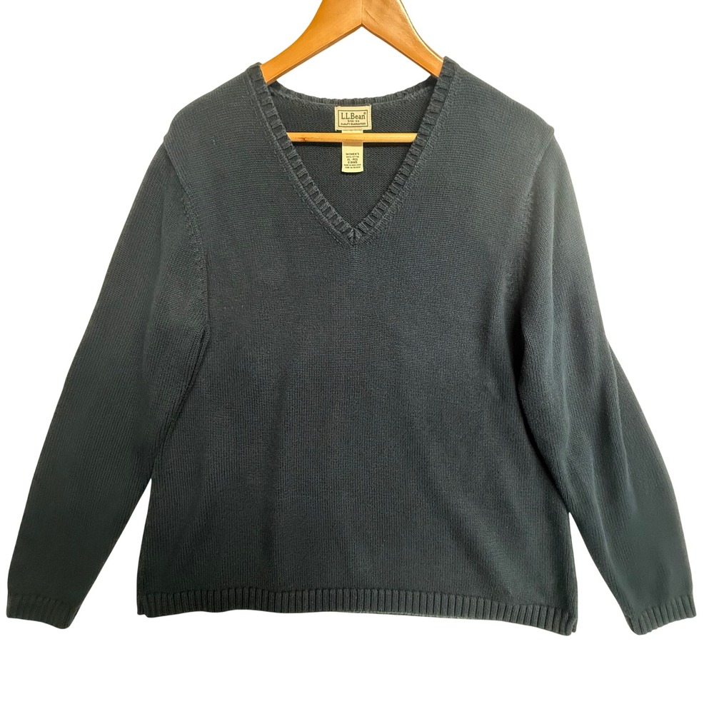 L.L.Bean Women's XL 100% Cotton V Neck Knit Sweater Navy Blue Long Sleeve